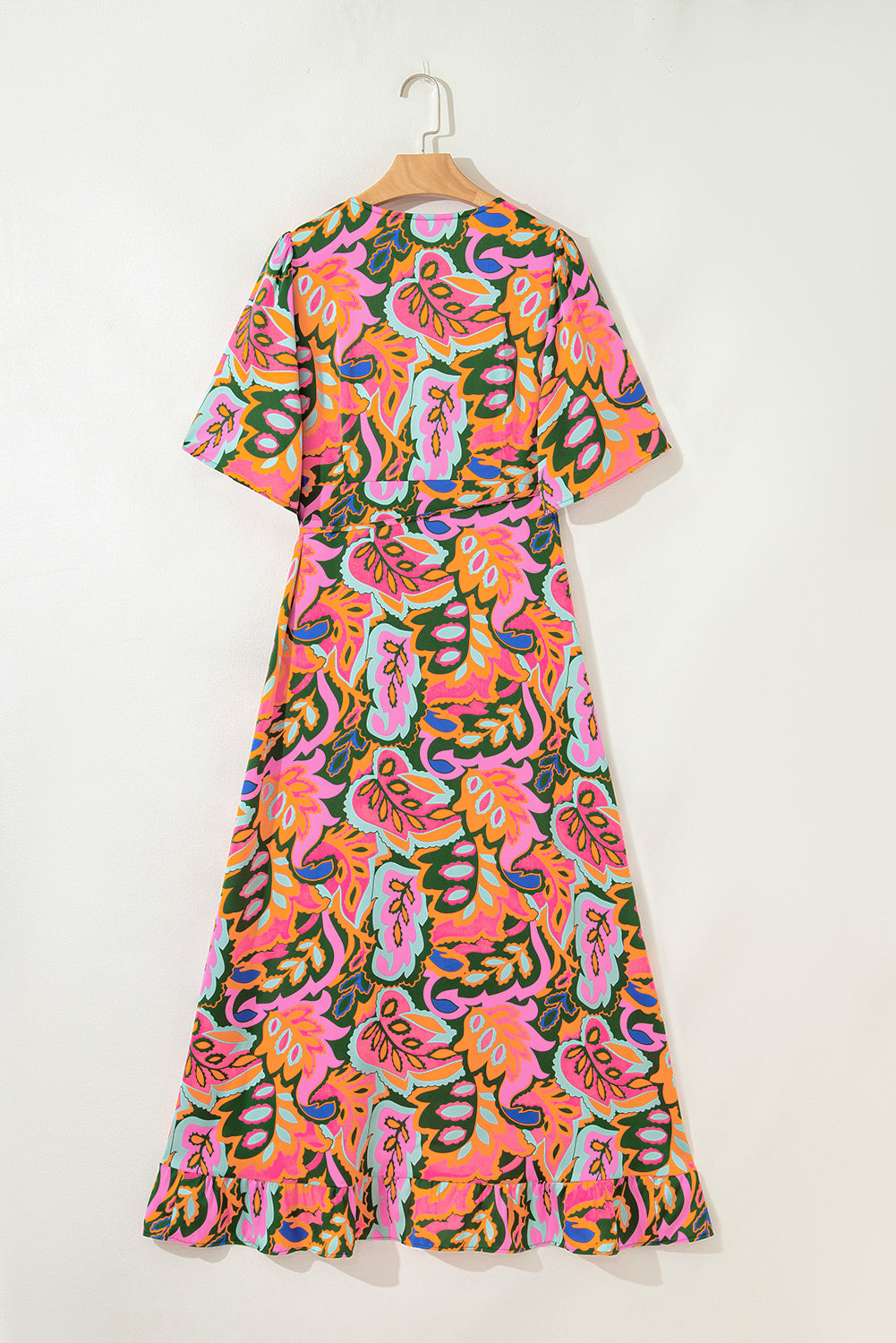 Rose Summer Plant Print Surpliced V Neck Ruffled Asymmetric Slit Wide Short Sleeve Maxi Dress-TOPS / DRESSES-[Adult]-[Female]-2022 Online Blue Zone Planet