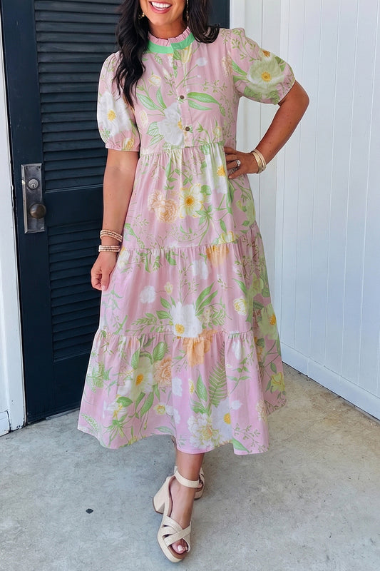 Pink Floral Print Short Puff Sleeve High Waist Tiered Maxi Dress-Dresses/Floral Dresses-[Adult]-[Female]-Pink-S-2022 Online Blue Zone Planet