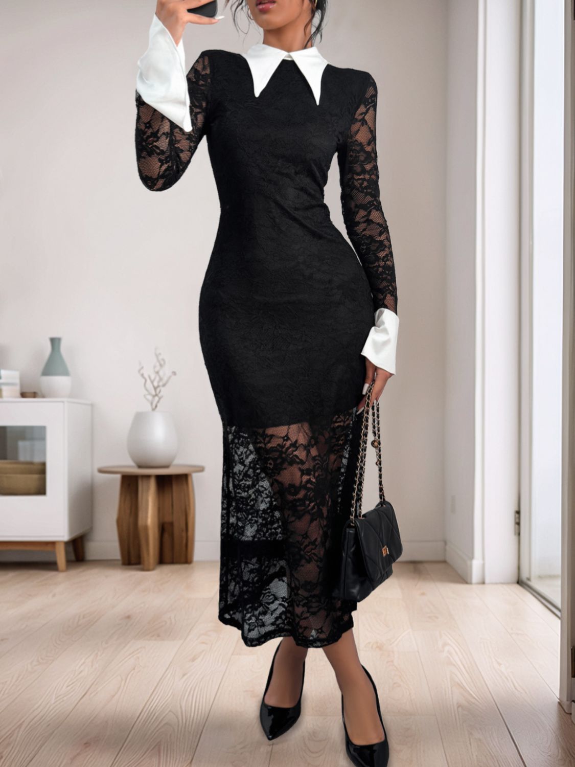 Blue Zone Planet | Perfee Lace Contrast Collared Neck Long Sleeve Midi Dress Blue Zone Planet | Perfee Lace Contrast Collared Neck Long Sleeve Midi Dress