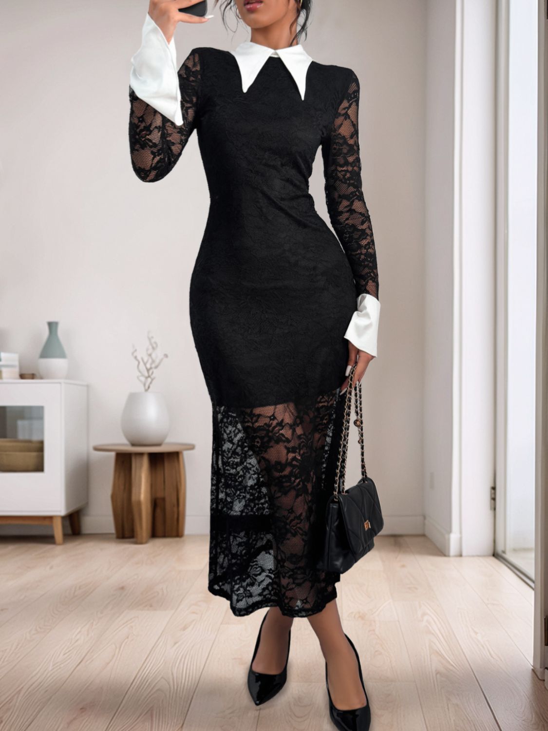 Blue Zone Planet | Perfee Lace Contrast Collared Neck Long Sleeve Midi Dress-TOPS / DRESSES-[Adult]-[Female]-2022 Online Blue Zone Planet