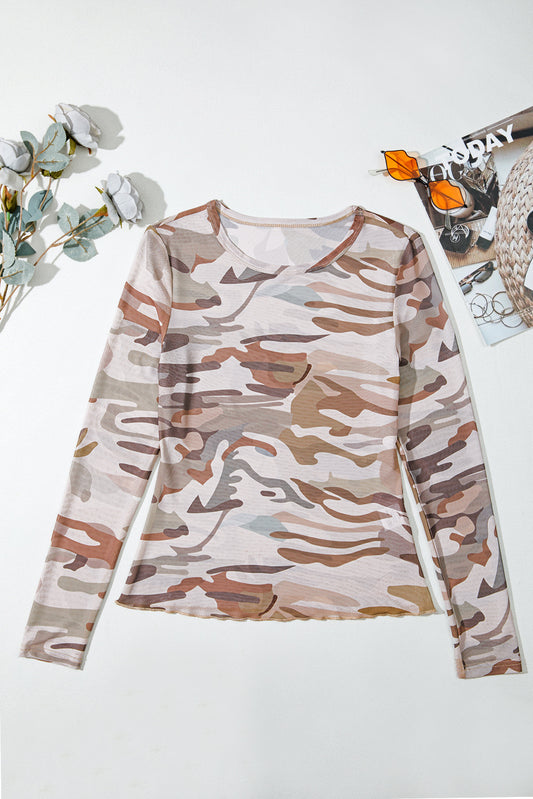 Green Western Fashion Camouflage Print Mesh Long Sleeve Top-Tops/Long Sleeve Tops-[Adult]-[Female]-Green-S-2022 Online Blue Zone Planet