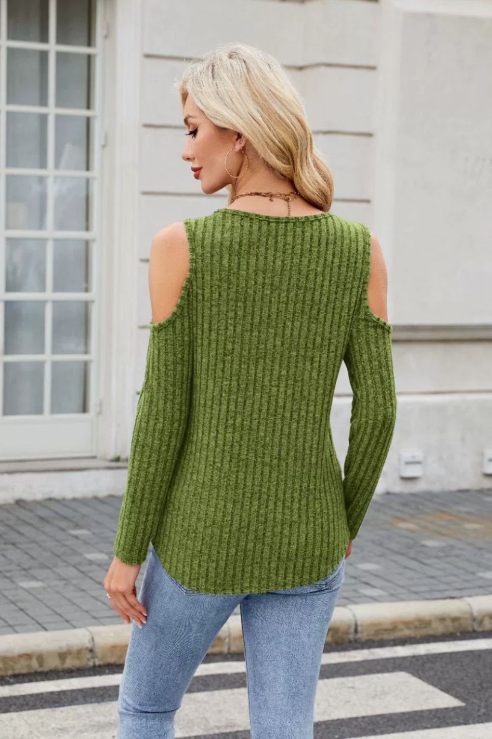 Ribbed Cold Shoulder Long Sleeve Top-TOPS / DRESSES-[Adult]-[Female]-2022 Online Blue Zone Planet