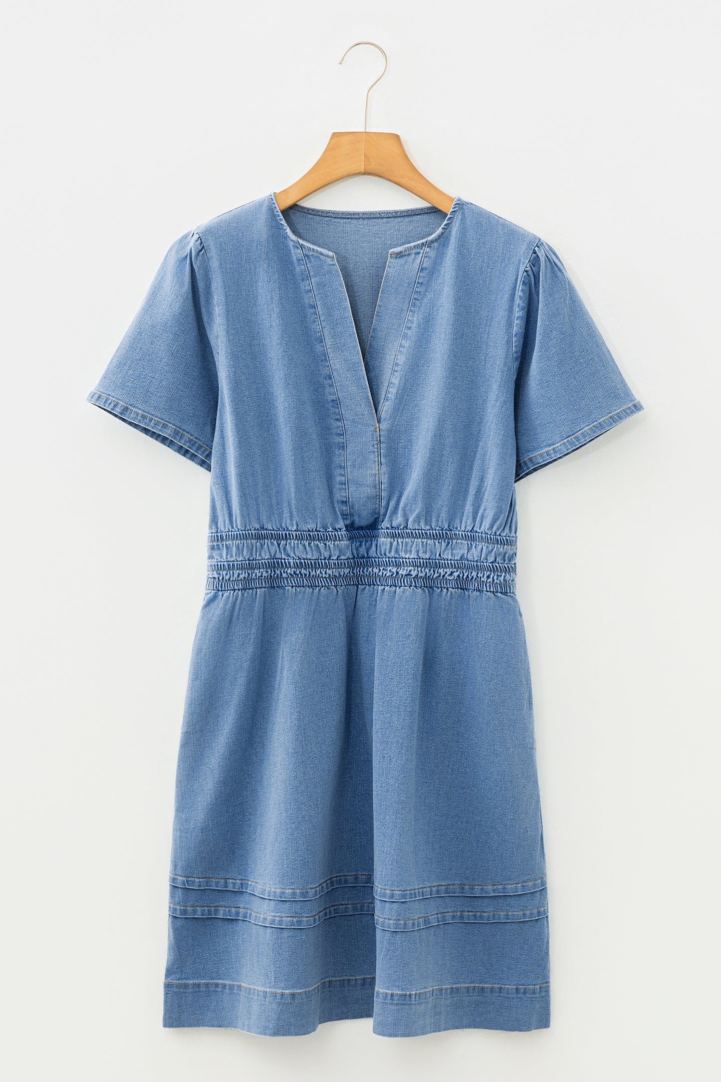 Myosotis Elastic Waist Short Sleeve Denim Mini Dress-TOPS / DRESSES-[Adult]-[Female]-2022 Online Blue Zone Planet