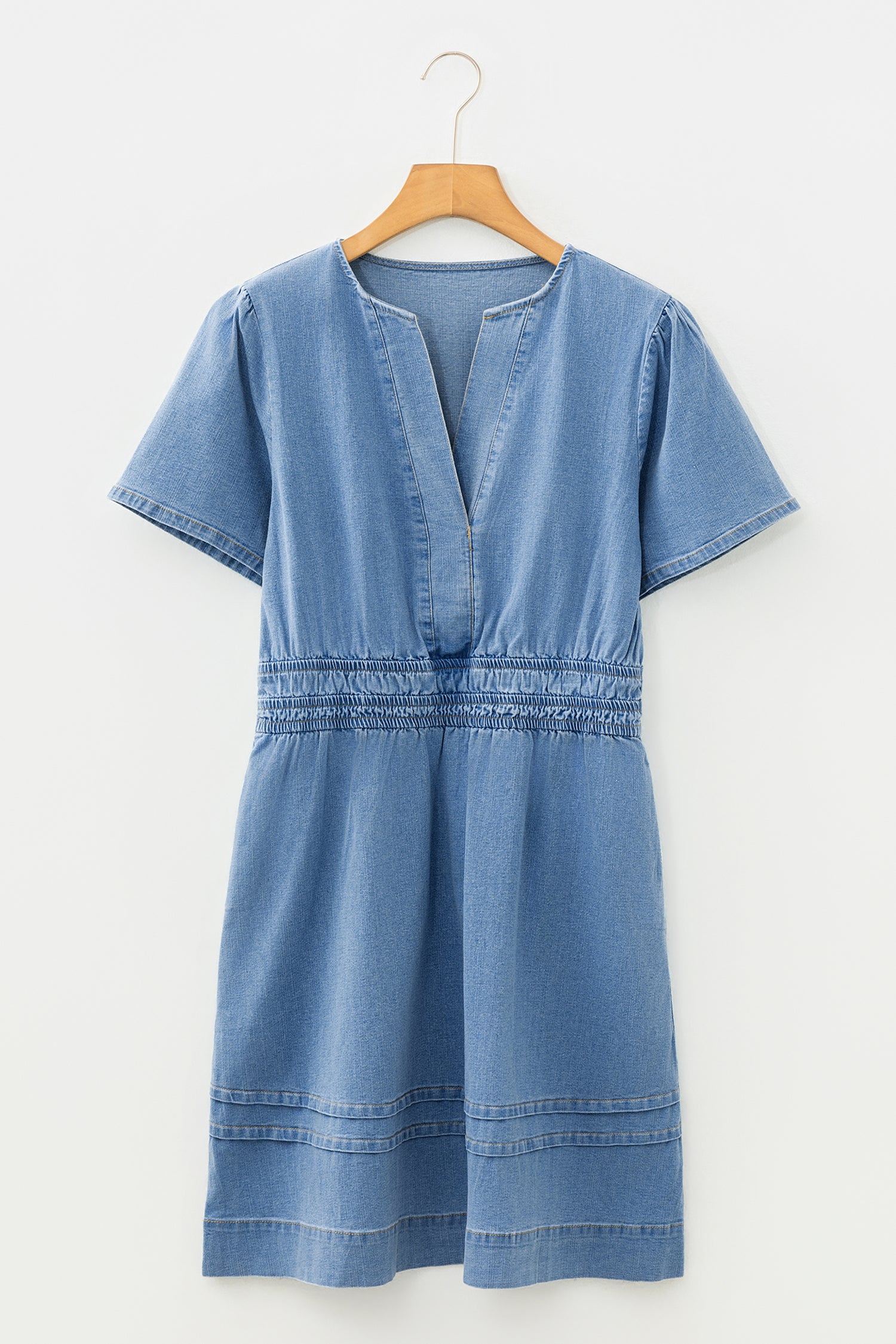 Myosotis Elastic Waist Short Sleeve Denim Mini Dress-TOPS / DRESSES-[Adult]-[Female]-2022 Online Blue Zone Planet