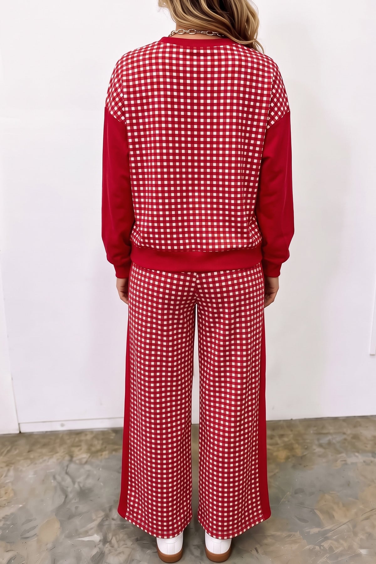 Khaki Color Block Plaid Patchwork Long Sleeve Pullover Wide Leg Pant Set-Two Piece Sets/Pant Sets-[Adult]-[Female]-2022 Online Blue Zone Planet