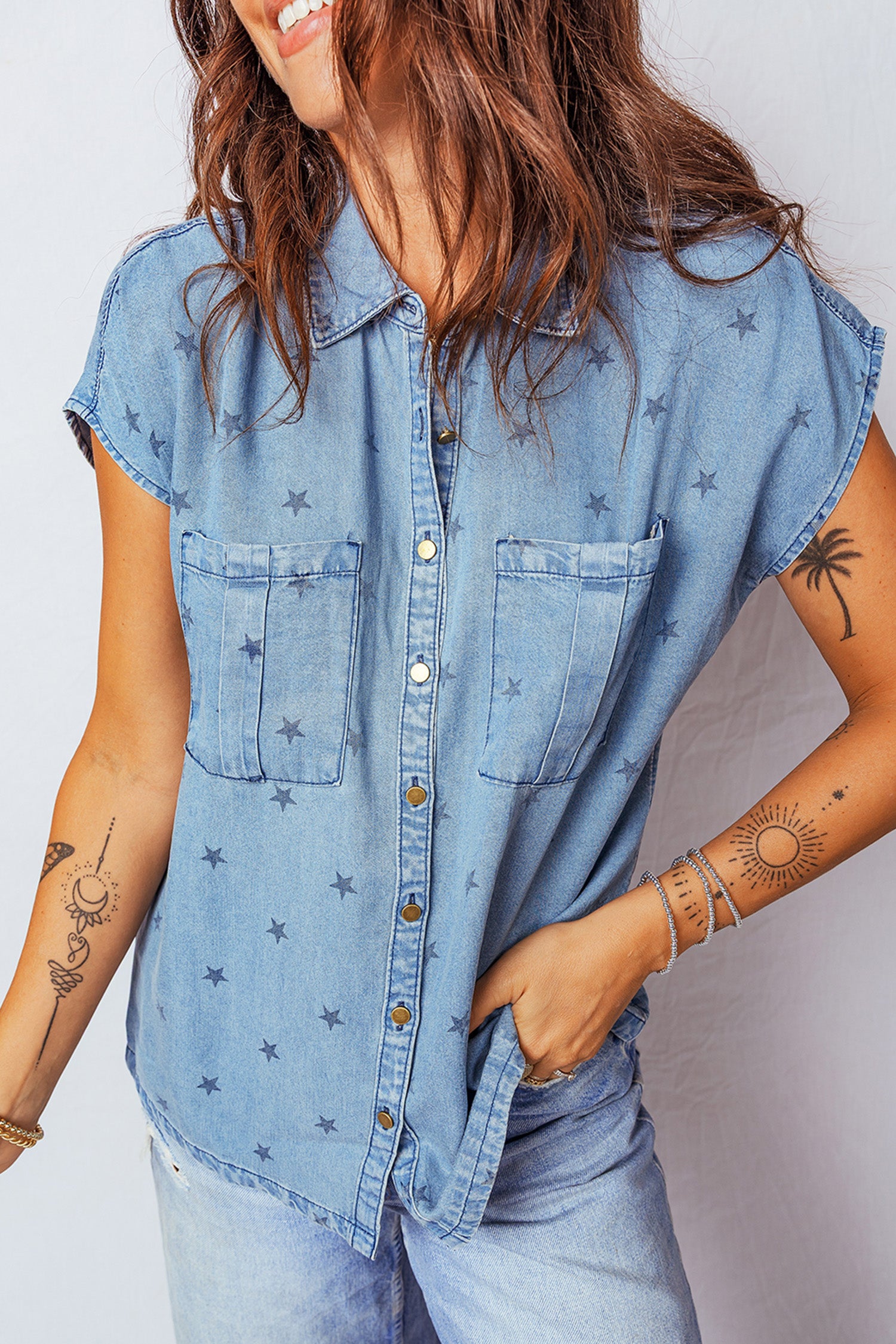 Beau Blue Star Allover Print Double Chest Pocket Short Sleeve Denim Shirt-Tops/Blouses & Shirts-[Adult]-[Female]-2022 Online Blue Zone Planet