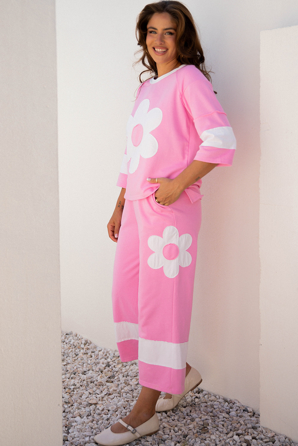 Orchid Bouquet Big Flower Patched Raw Seam Color Block 2 Piece Loose Pant Set-Two Piece Sets/Pant Sets-[Adult]-[Female]-2022 Online Blue Zone Planet