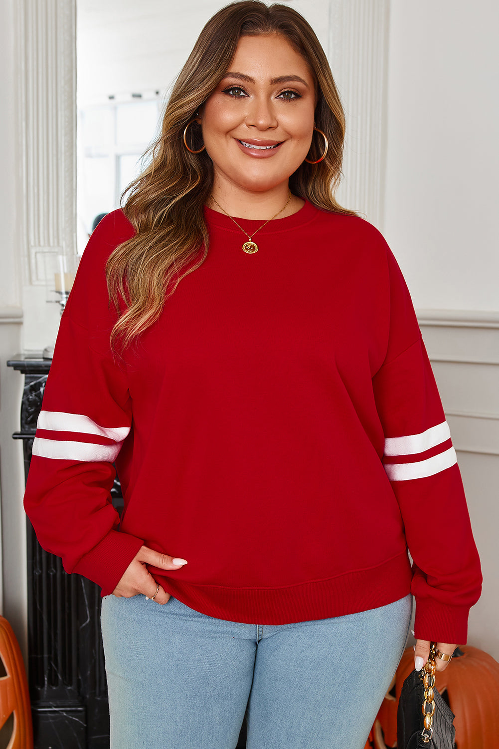 Light Grey Varsity Striped Detail Crew Neck Plus Sweatshirt-Plus Size/Plus Size Sweatshirts & Hoodies-[Adult]-[Female]-2022 Online Blue Zone Planet