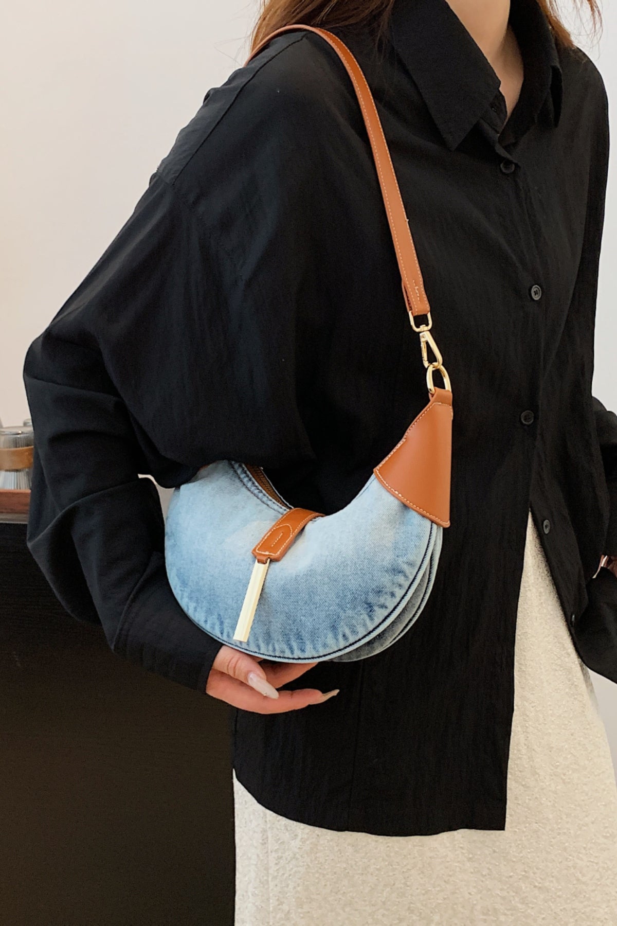 Contrast Denim Shoulder Bag-[Adult]-[Female]-2022 Online Blue Zone Planet