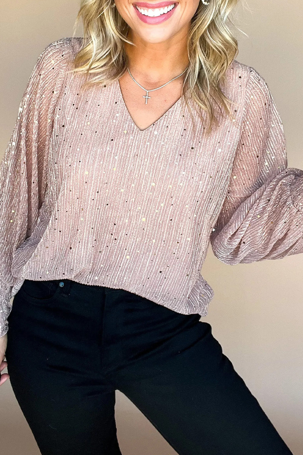 Light Pink V Neck Sequin Plisse Long Sleeve Blouse-Tops/Blouses & Shirts-[Adult]-[Female]-Light Pink-S-2022 Online Blue Zone Planet