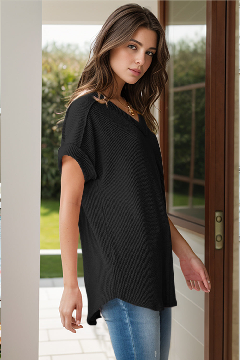 Textured V-Neck Short Sleeve Top-TOPS / DRESSES-[Adult]-[Female]-2022 Online Blue Zone Planet