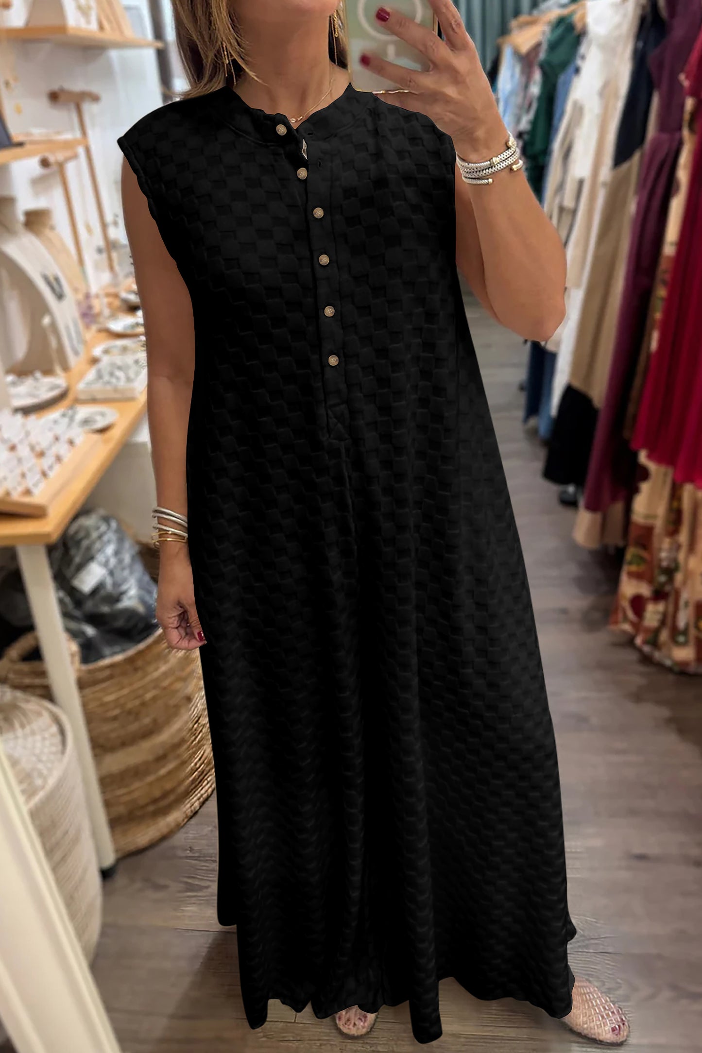 Black Half Buttons Sleeveless Wide Leg Textured Jumpsuit-Bottoms/Jumpsuits & Rompers-[Adult]-[Female]-Black-S-2022 Online Blue Zone Planet