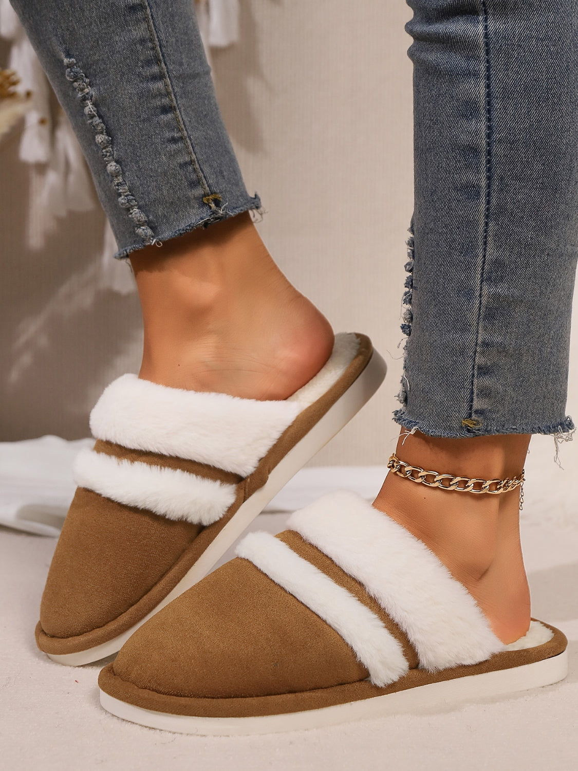 Contrast Faux Fur Round Toe Slippers-SHOES-[Adult]-[Female]-Camel-36-37(US5-6)-2022 Online Blue Zone Planet