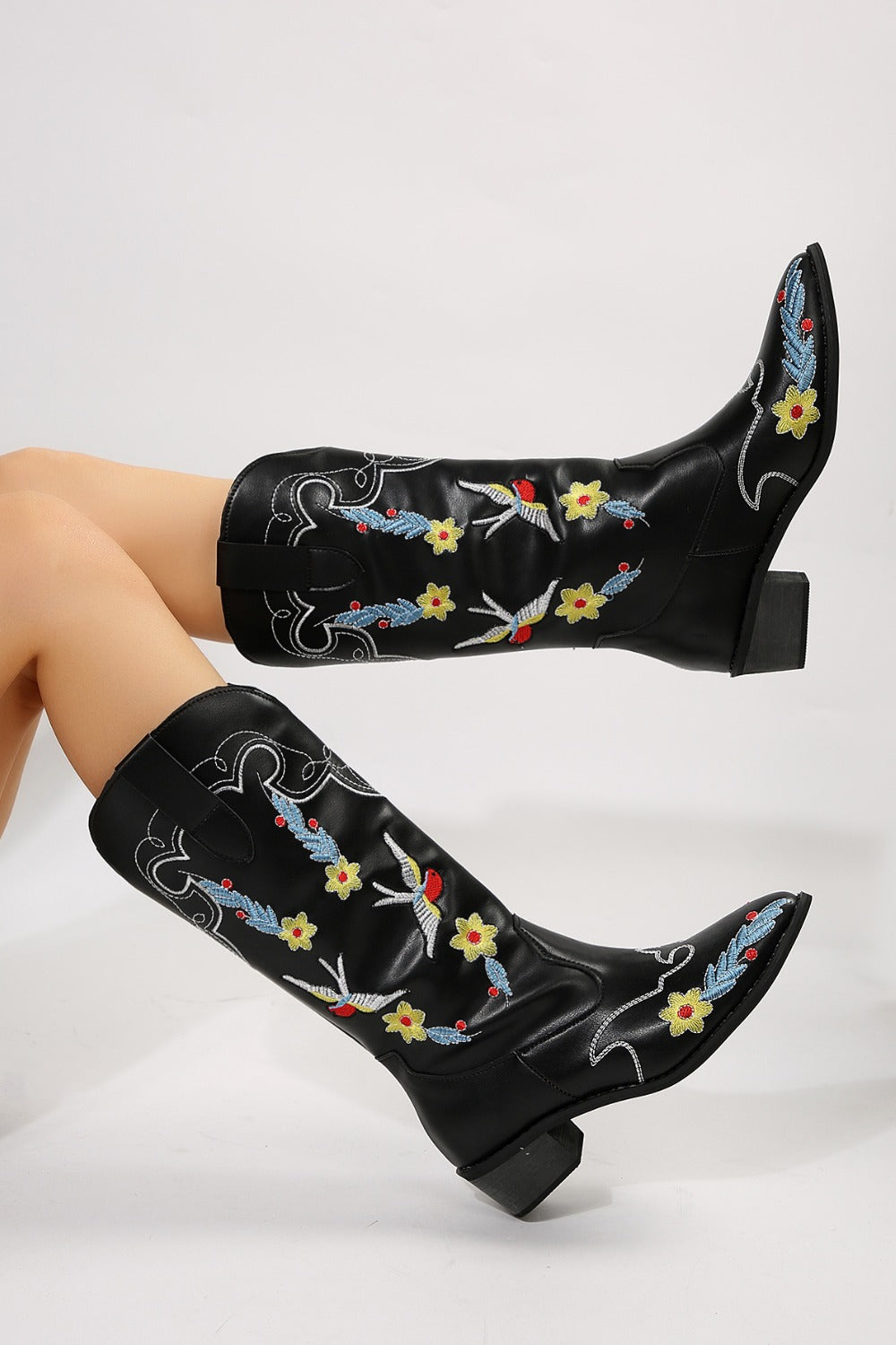 Embroidered Point Toe Block Heel Boots-COWBOY BOOTS-[Adult]-[Female]-2022 Online Blue Zone Planet