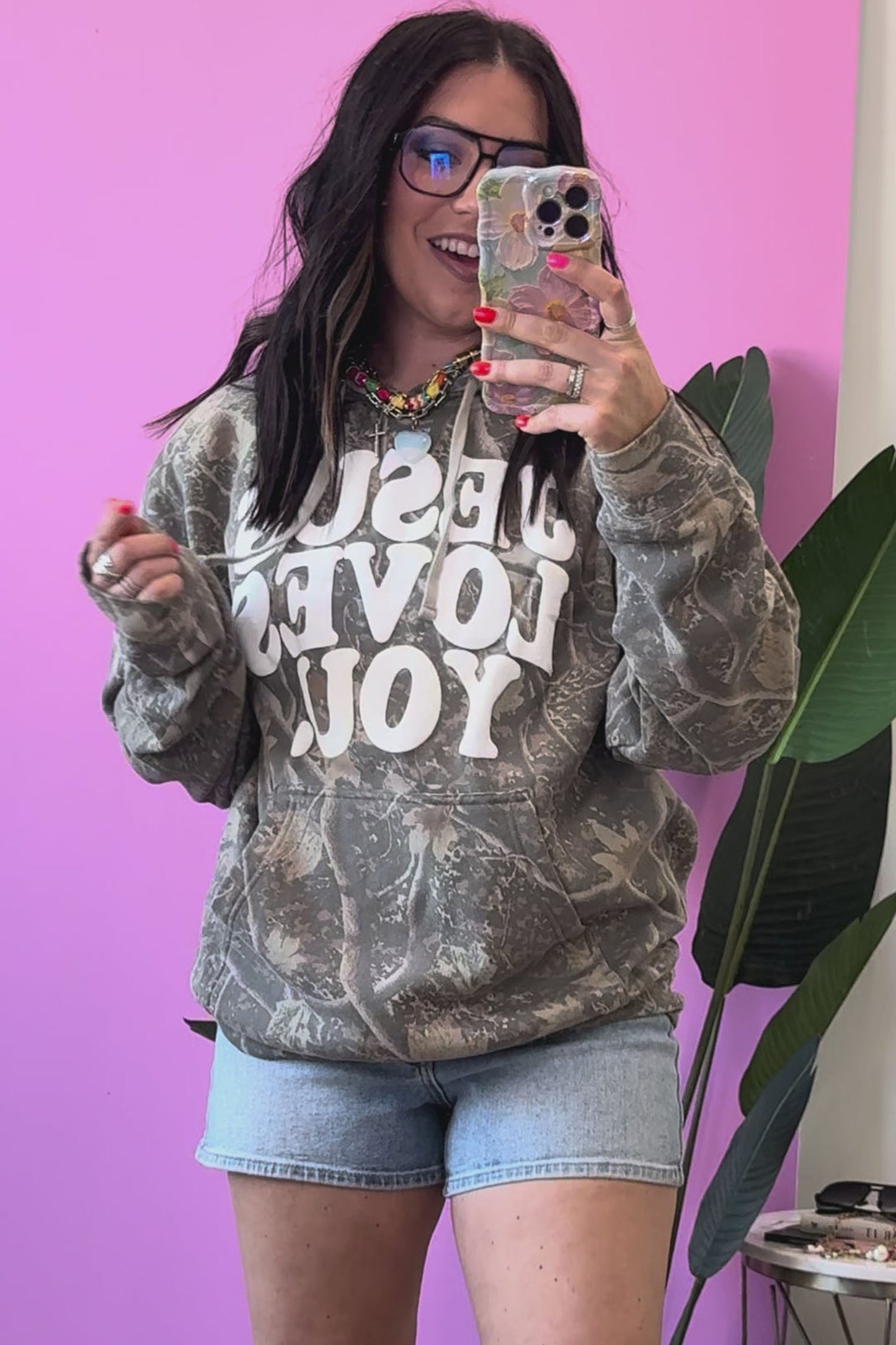 Brown Retro Camouflage Jesus Loves You Print Relaxed Hoodie-Tops / Dresses-[Adult]-[Female]-2022 Online Blue Zone Planet