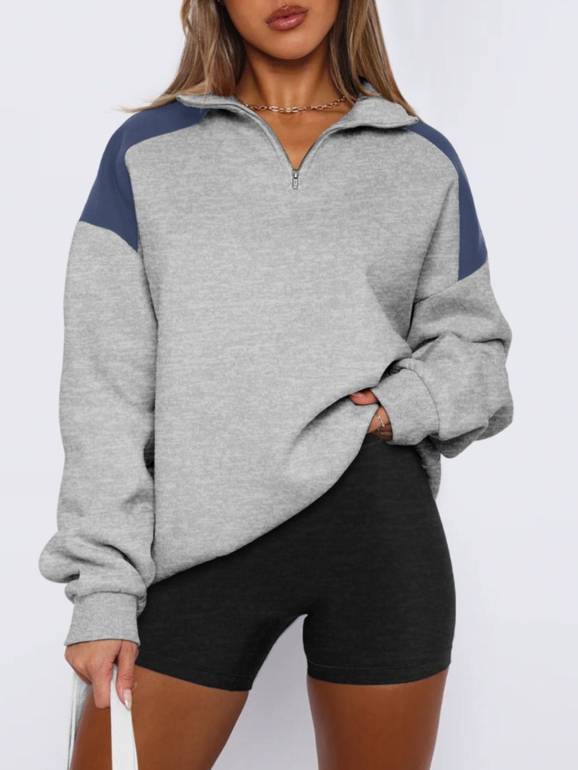 Contrast Quarter Zip Long Sleeve Sweatshirt-TOPS / DRESSES-[Adult]-[Female]-Gray-S-2022 Online Blue Zone Planet