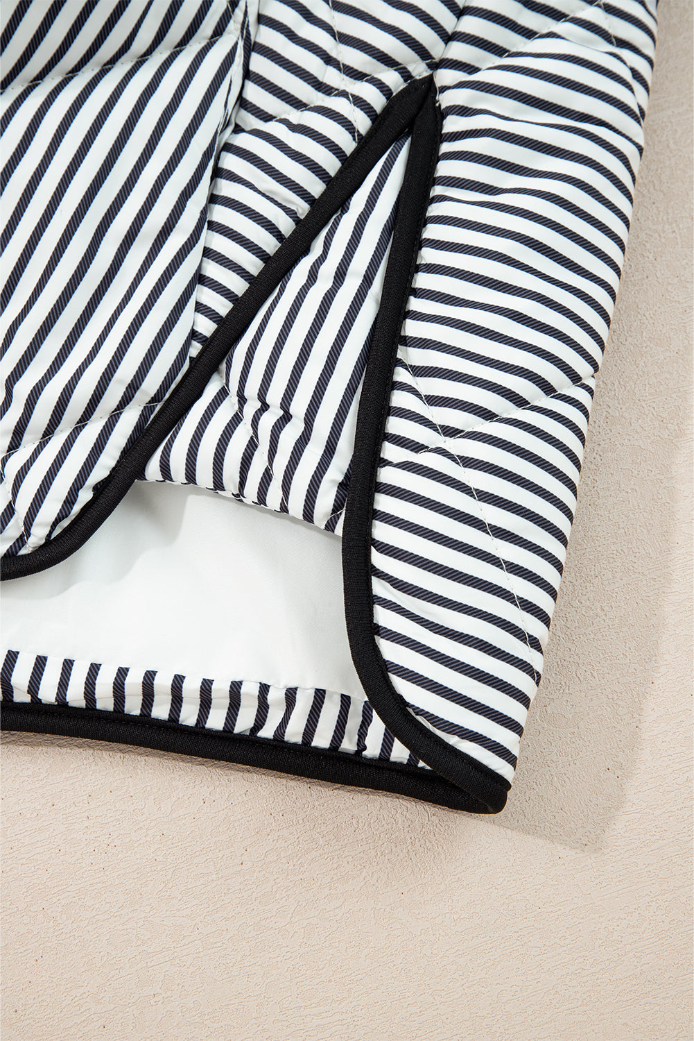Black Stripe Contrast Trim Snap Button Collared Winter Vest-Outerwear/Vests-[Adult]-[Female]-2022 Online Blue Zone Planet