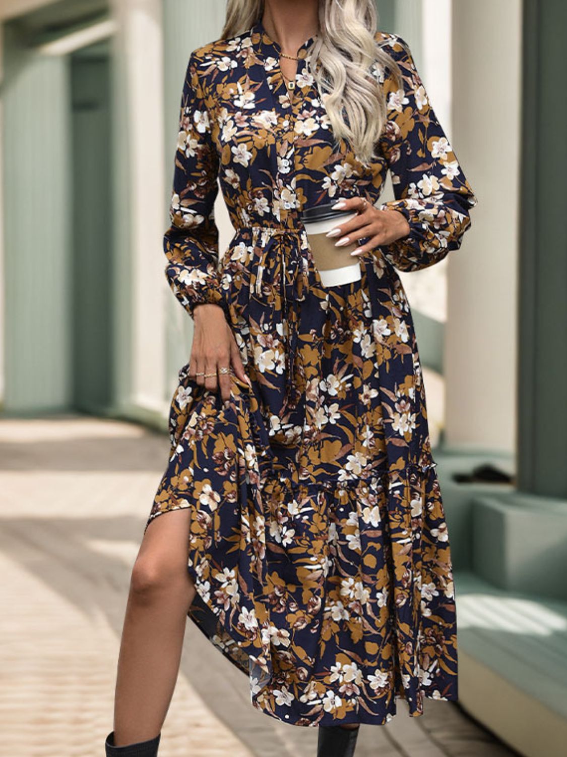 Blue Zone Planet | Perfee Printed Notched Long Sleeve Midi Dress-TOPS / DRESSES-[Adult]-[Female]-2022 Online Blue Zone Planet