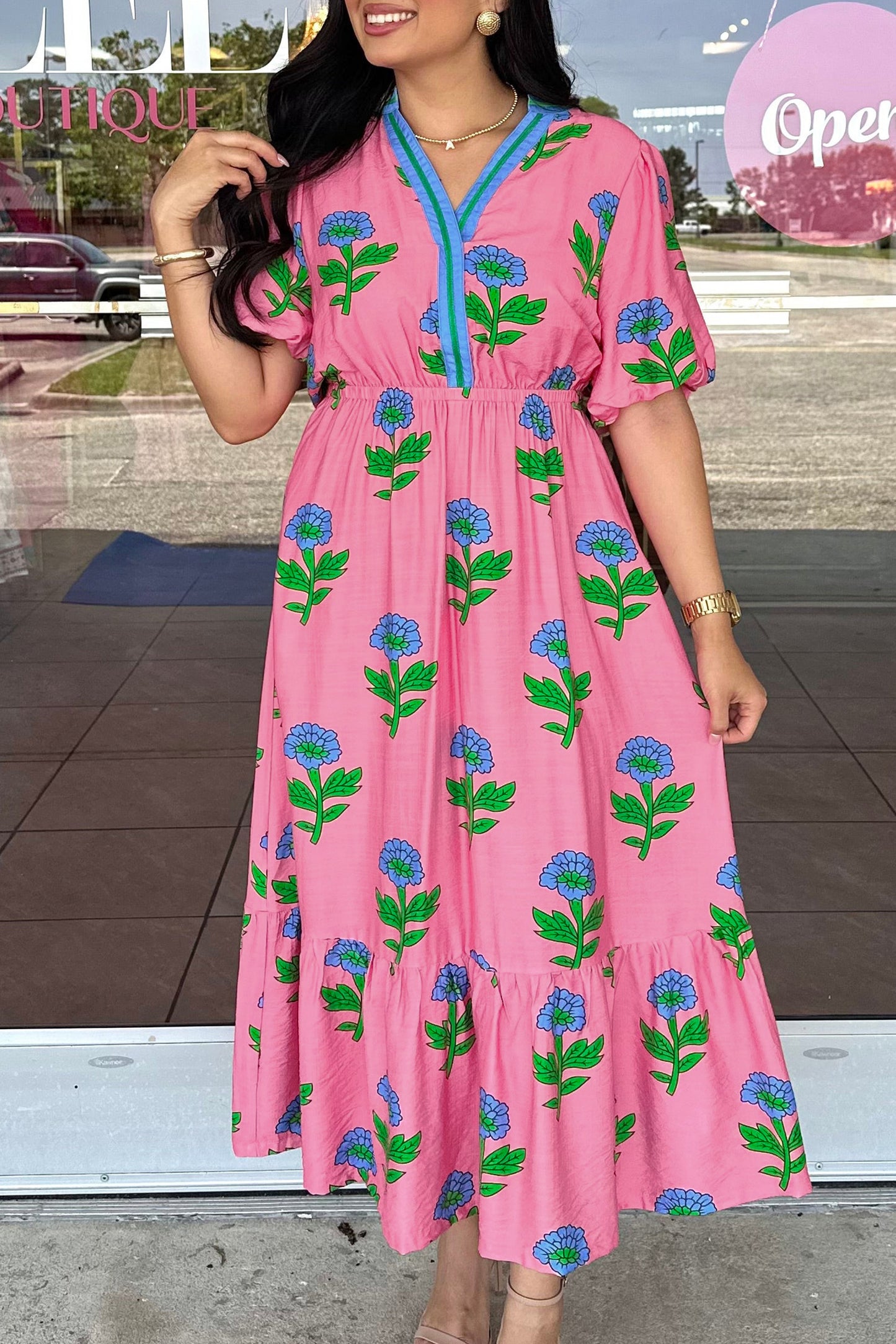 Pink Plus Size Striped V Neck Ruffled Floral Long Dress-Plus Size/Plus Size Dresses/Plus Size Maxi Dresses-[Adult]-[Female]-Pink-1X-2022 Online Blue Zone Planet