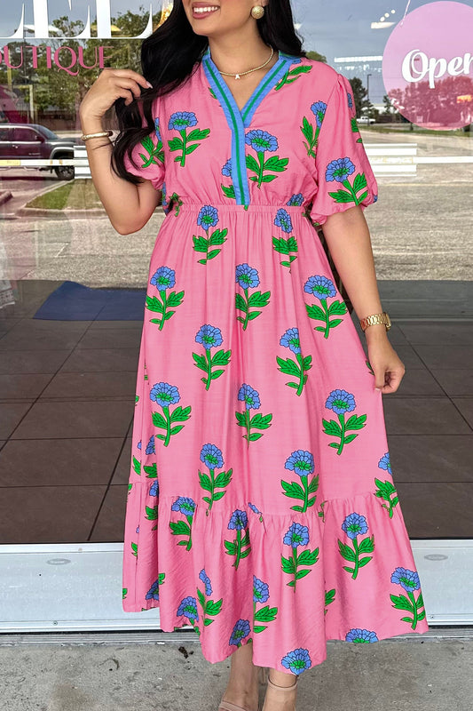 Pink Plus Size Striped V Neck Ruffled Floral Long Dress-Plus Size/Plus Size Dresses/Plus Size Maxi Dresses-[Adult]-[Female]-Pink-1X-2022 Online Blue Zone Planet