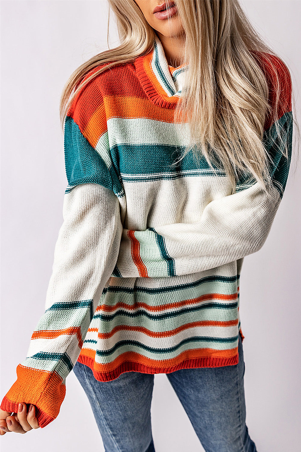 Contrast Striped Turtleneck Dropped Shoulder Sweater-TOPS / DRESSES-[Adult]-[Female]-2022 Online Blue Zone Planet