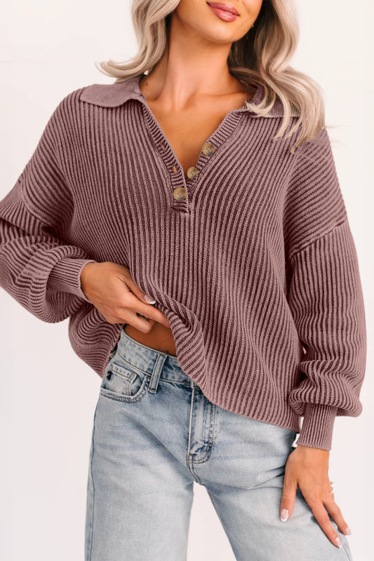 Dark Brown Mineral Washed Knit Button Polo Collar Loose Sweater-TOPS / DRESSES-[Adult]-[Female]-Dark Brown-S-2022 Online Blue Zone Planet