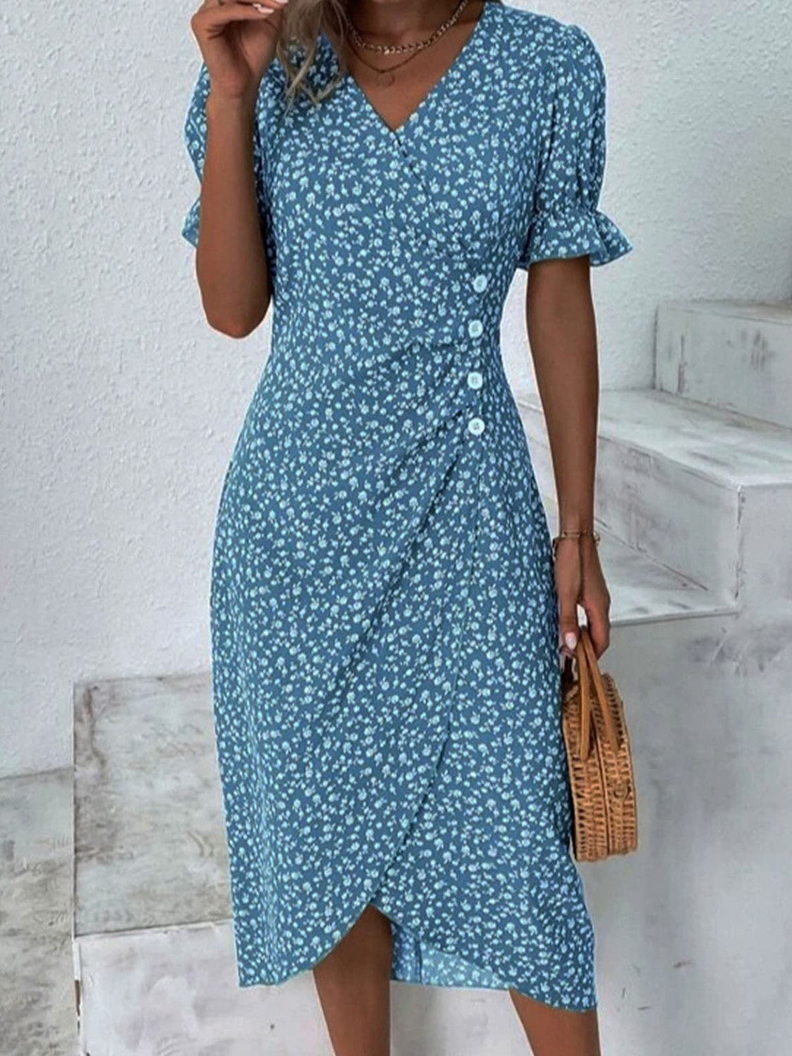 Full Size Printed Surplice Flounce Sleeve Midi Dress-TOPS / DRESSES-[Adult]-[Female]-Cerulean-S-2022 Online Blue Zone Planet