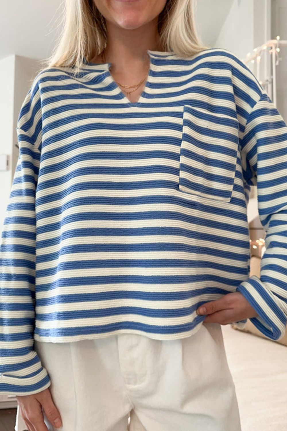 Stripe Chest Pocket Notched Top-TOPS / DRESSES-[Adult]-[Female]-2022 Online Blue Zone Planet