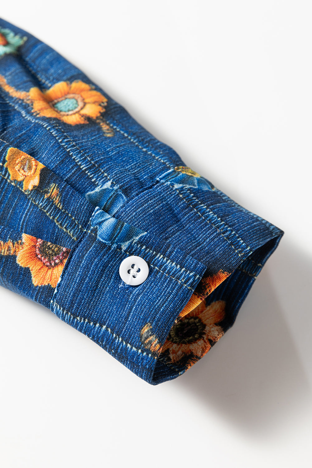 Blue Floral Collared V Neck Roll Up Sleeve Shift Blouse-Tops/Blouses & Shirts-[Adult]-[Female]-2022 Online Blue Zone Planet