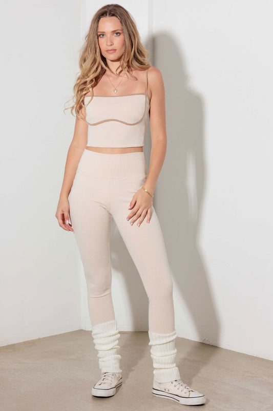 Blue Zone Planet | Le Lis Ribbed Crop Cami and High Waist Brushed Leggings Set-TOPS / DRESSES-[Adult]-[Female]-Cream Tan-XS-2022 Online Blue Zone Planet