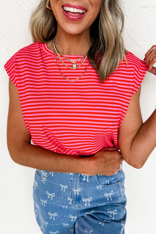 Red Stripe Ribbed Cap Sleeve Round Neck T Shirt-Tops/Tops & Tees-[Adult]-[Female]-Red Stripe-S-2022 Online Blue Zone Planet