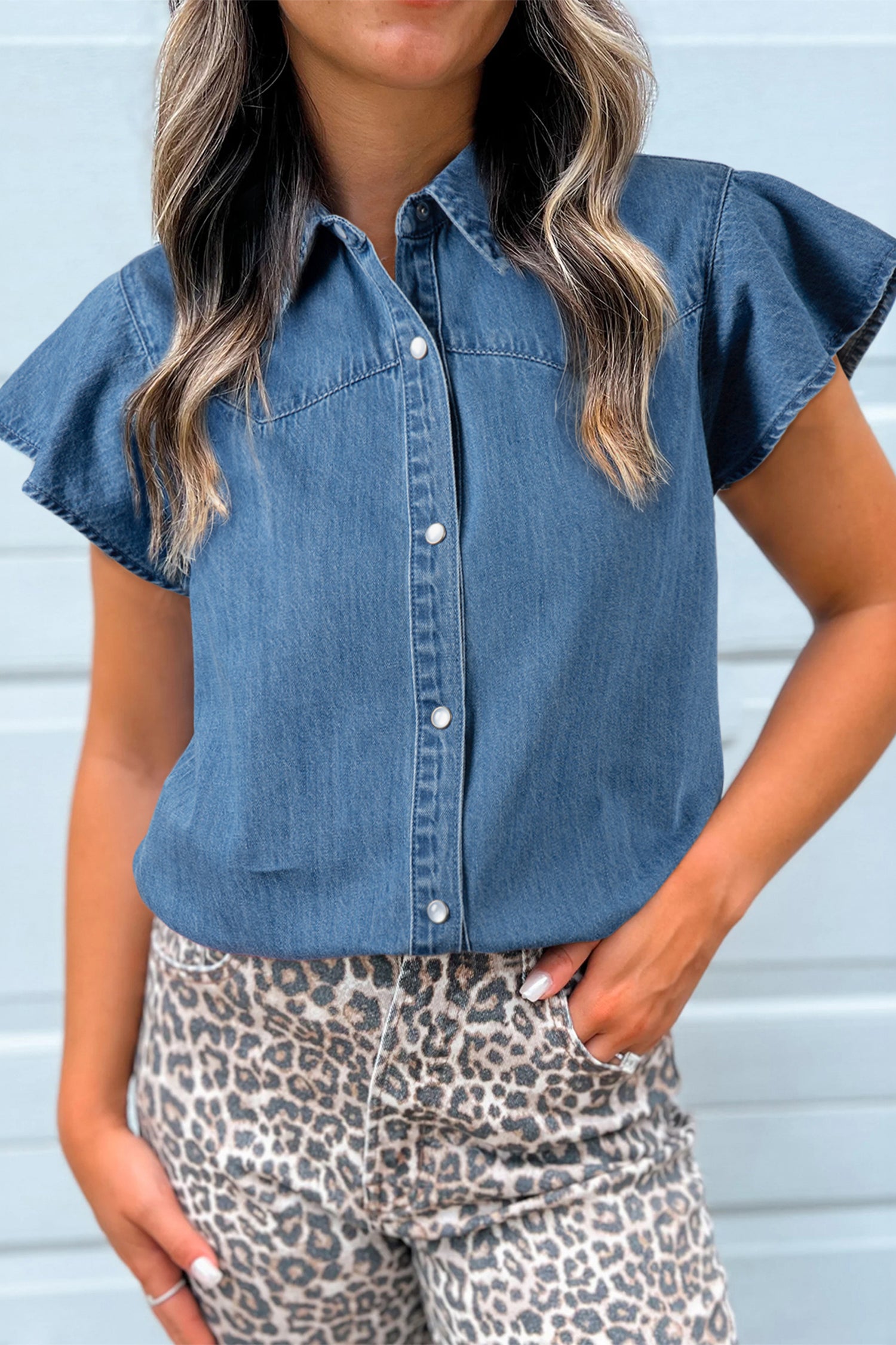 Dusk Blue Ruffled Short Sleeve Denim Shirt-Tops/Blouses & Shirts-[Adult]-[Female]-Dusk Blue-S-2022 Online Blue Zone Planet