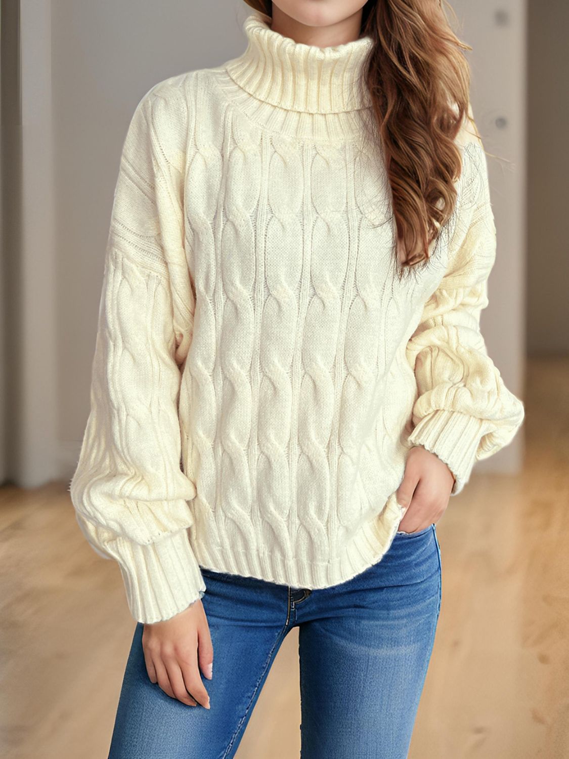 Cable-Knit Turtleneck Long Sleeve Sweater-TOPS / DRESSES-[Adult]-[Female]-2022 Online Blue Zone Planet