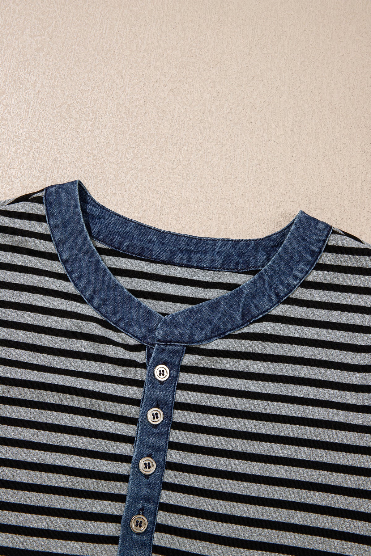Gray Stripe Denim Contrast Collar Half Button Long Sleeve Top-Tops/Long Sleeve Tops-[Adult]-[Female]-2022 Online Blue Zone Planet