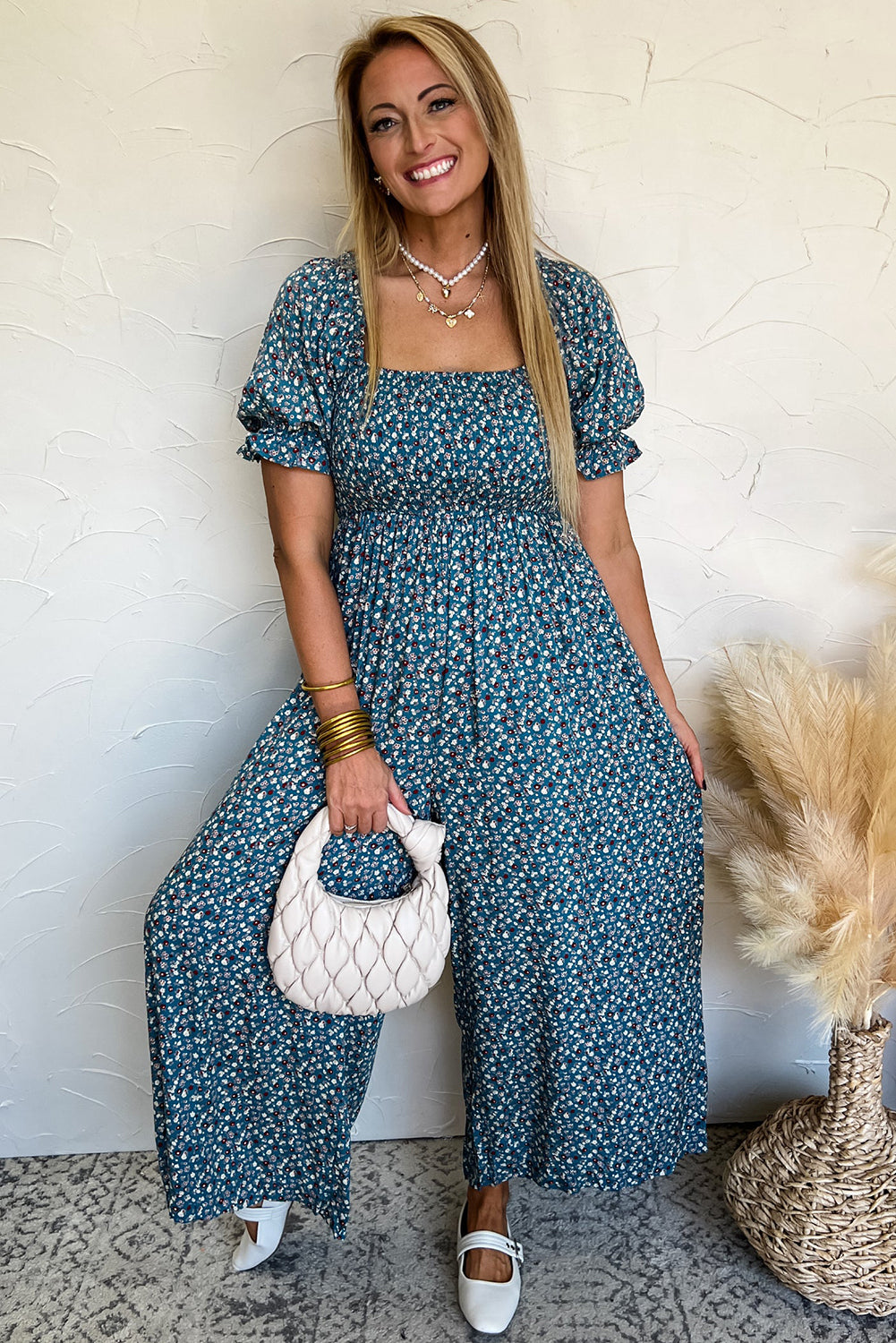 Blue Vintage Boho Floral Smocked Short Puff Sleeve Wide Leg Jumpsuit-Jumpsuits-[Adult]-[Female]-2022 Online Blue Zone Planet