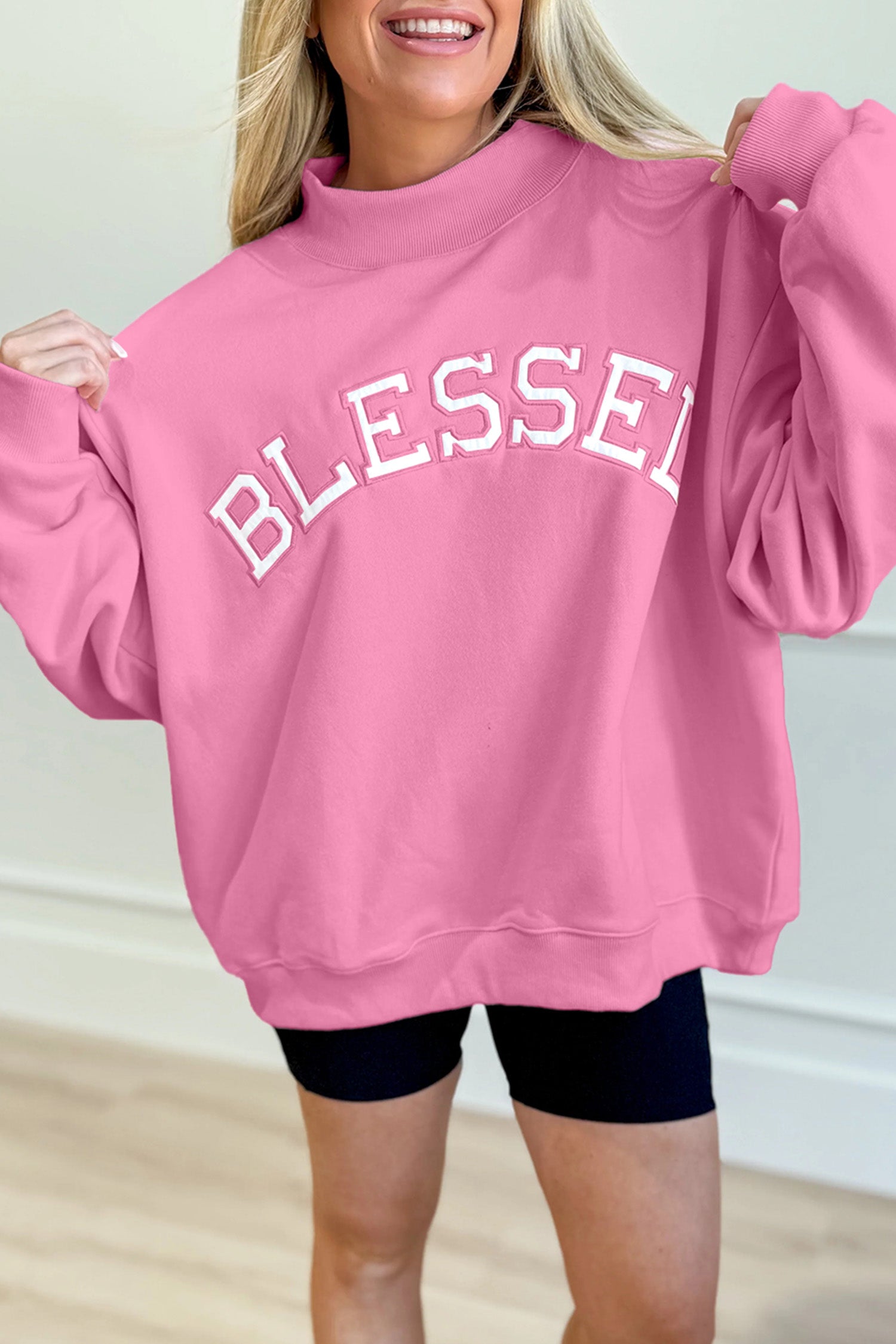 Bright Pink Oversize Blessed Embroidered Mock Neck Sweatshirt-Tops/Sweatshirts & Hoodies-[Adult]-[Female]-Bright Pink-S-2022 Online Blue Zone Planet