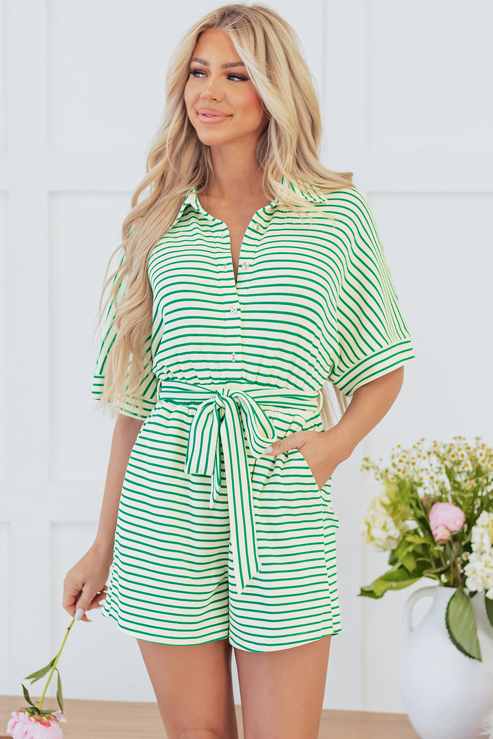 Blue Zone Planet | Green Stripe Textured Short Sleeve Collared Buttoned Waist Tie Romper-Bottoms/Jumpsuits & Rompers-[Adult]-[Female]-2022 Online Blue Zone Planet