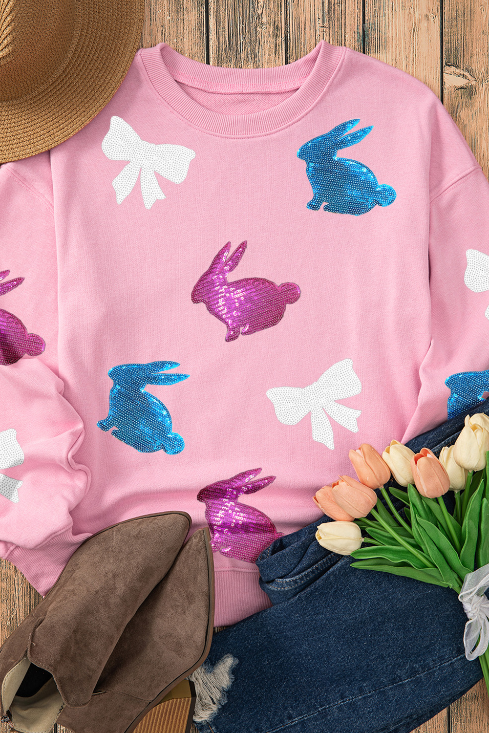 Pink Sequin Easter Bunny Bow Graphic Sweatshirt-Graphic Sweatshirts-[Adult]-[Female]-2022 Online Blue Zone Planet
