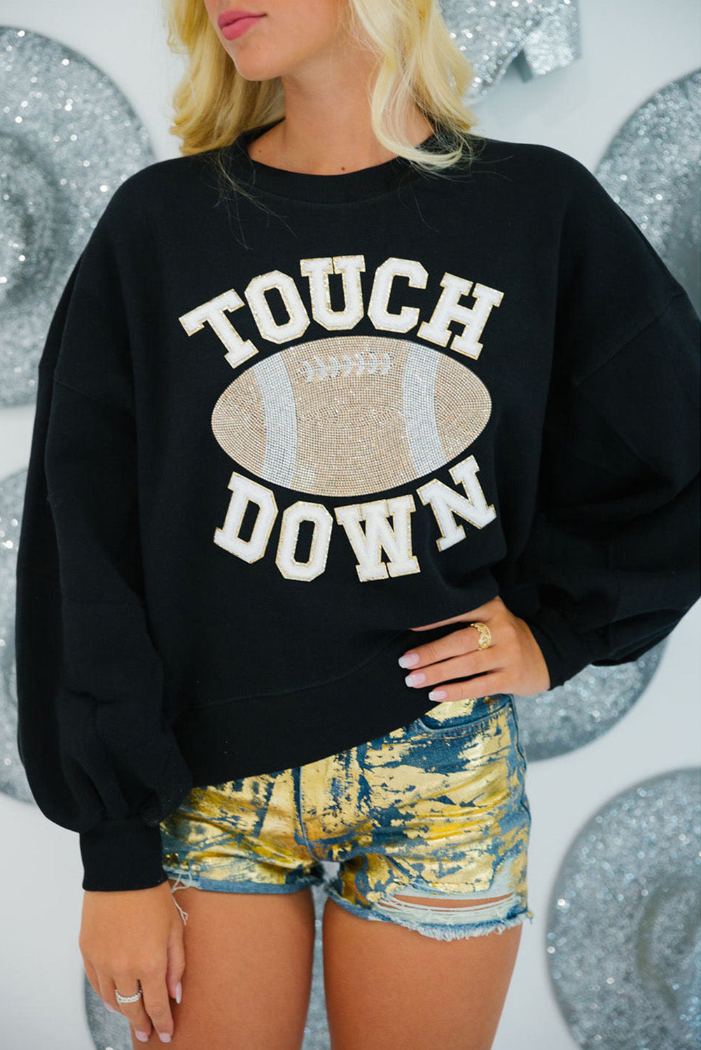 Fiery Red TOUCH DOWN Football Graphic Pullover Sweatshirt-Tops/Sweatshirts & Hoodies-[Adult]-[Female]-Black-S-2022 Online Blue Zone Planet