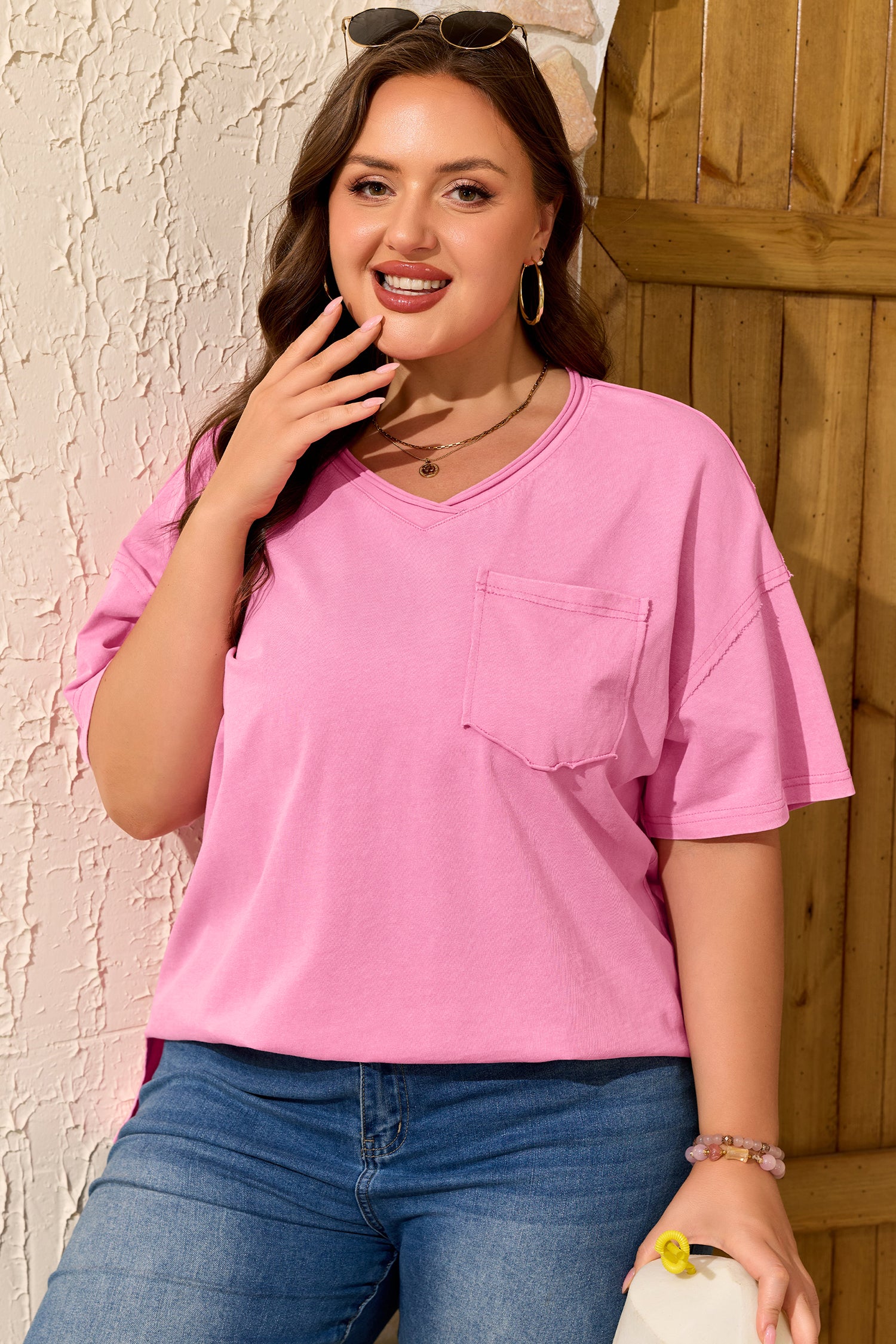 Sachet Pink Plus Size Mineral Wash Raw Edge Round Neck Tee-Plus Size/Plus Size Tops/Plus Size Tops & Tees-[Adult]-[Female]-2022 Online Blue Zone Planet