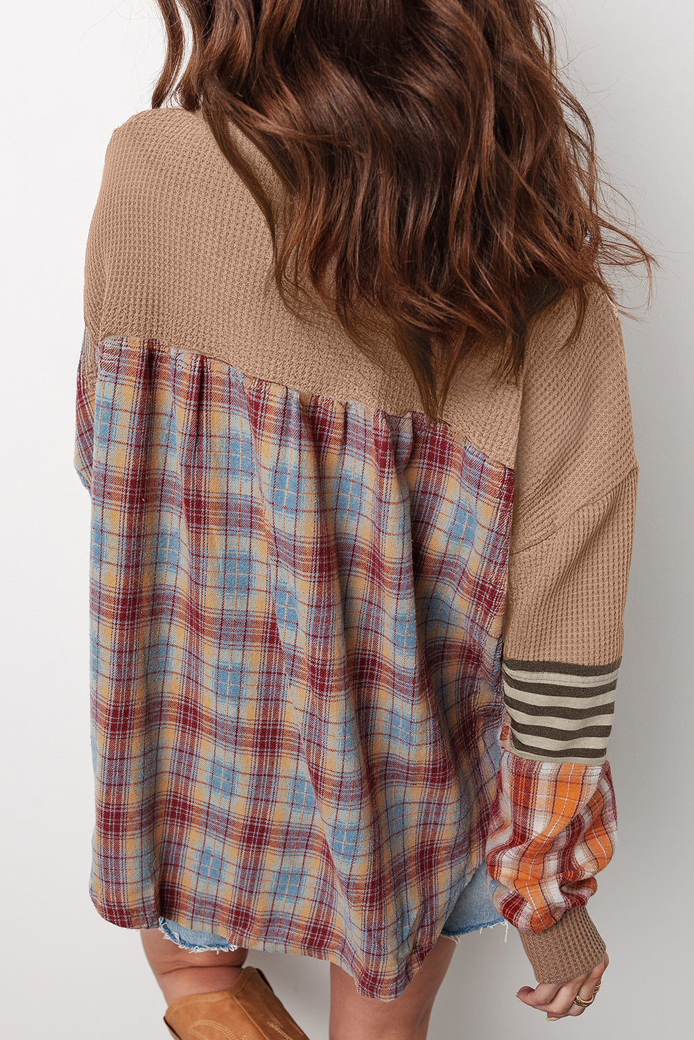 Straw Yellow Waffle Stripe Plaid Patchwork Henley Knit Top-Tops/Long Sleeve Tops-[Adult]-[Female]-2022 Online Blue Zone Planet