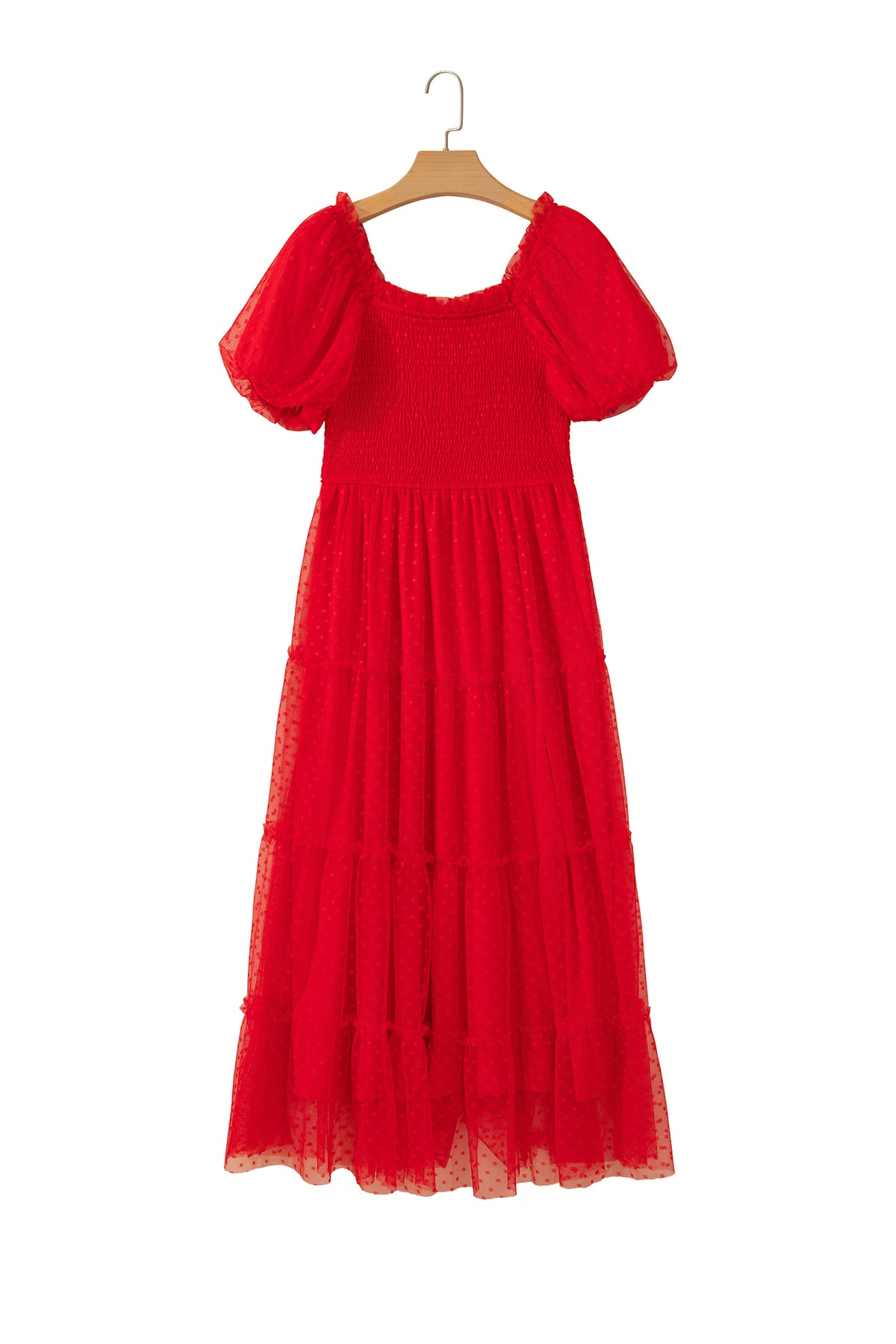 Fiery Red Tiered Tulle Smocked Bodice Puff Sleeve Dress-TOPS / DRESSES-[Adult]-[Female]-2022 Online Blue Zone Planet