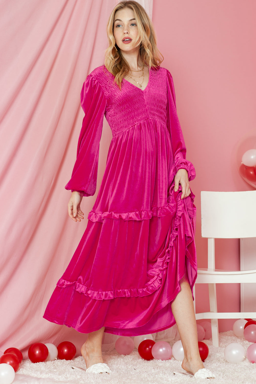 Rose Red Shirred V Neck Long Sleeve Velvet Dress-Maxi Dresses-[Adult]-[Female]-2022 Online Blue Zone Planet