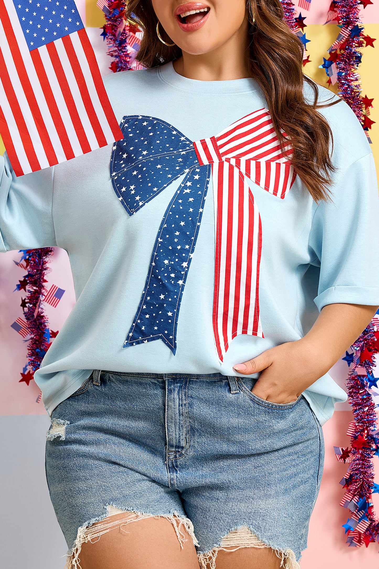 Beau Blue Plus Size Patriotic Bow Patchwork Graphic T-Shirt-Plus Size/Plus Size Tops/Plus Size Tops & Tees-[Adult]-[Female]-2022 Online Blue Zone Planet