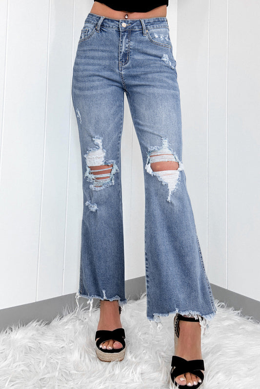 Dusk Blue High Rise Ripped Distressed Hem Flared Jeans-Bottoms/Jeans-[Adult]-[Female]-Dusk Blue-4-2022 Online Blue Zone Planet