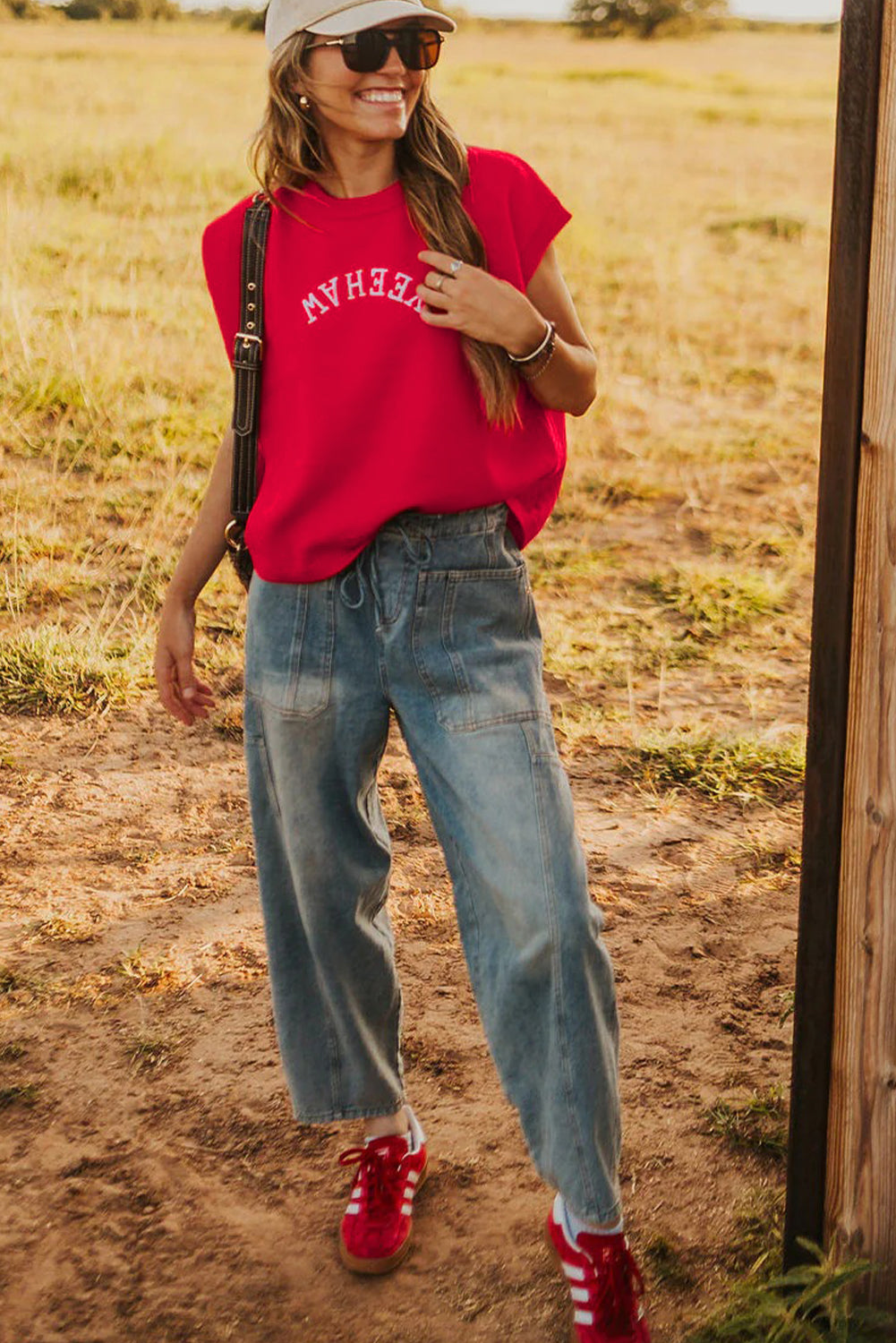 Fiery Red YEEHAW Embroidered Letter Loose Short Sleeve Sweater-Sweaters & Cardigans/Short Sleeve Sweaters-[Adult]-[Female]-2022 Online Blue Zone Planet