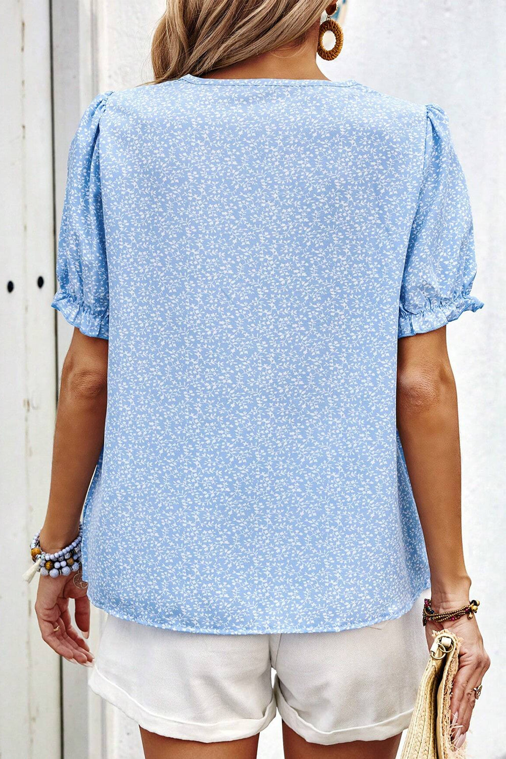 Sky Blue Floral Embroidered Puff Sleeve Notched V Neck Blouse-Tops/Blouses & Shirts-[Adult]-[Female]-2022 Online Blue Zone Planet