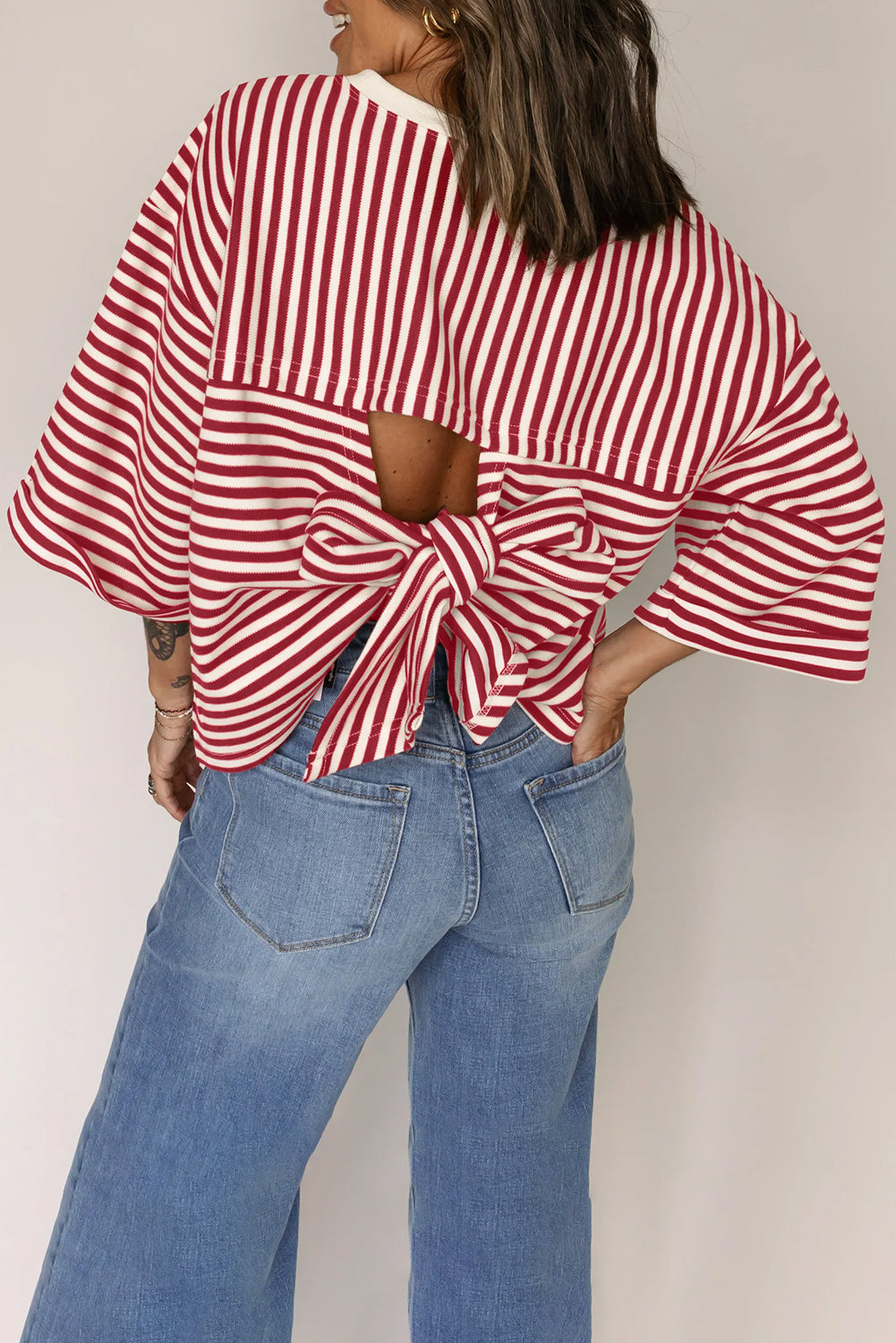Red Stripe Bowknot Cutout Back Drop Shoulder Wide Bracelet Sleeve Loose Tee-Bracelet-[Adult]-[Female]-Red Stripe-S-2022 Online Blue Zone Planet
