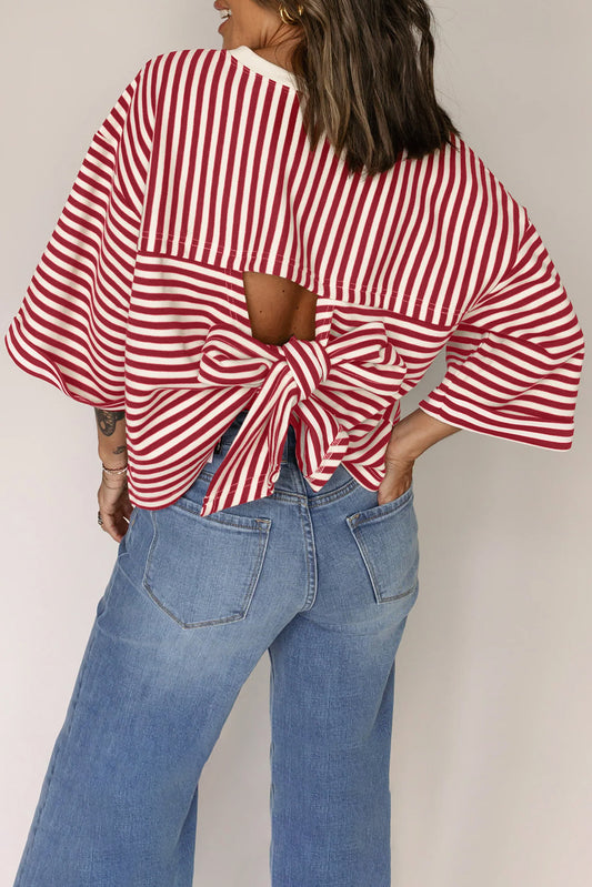 Red Stripe Bowknot Cutout Back Drop Shoulder Wide Bracelet Sleeve Loose Tee-Bracelet-[Adult]-[Female]-Red Stripe-S-2022 Online Blue Zone Planet