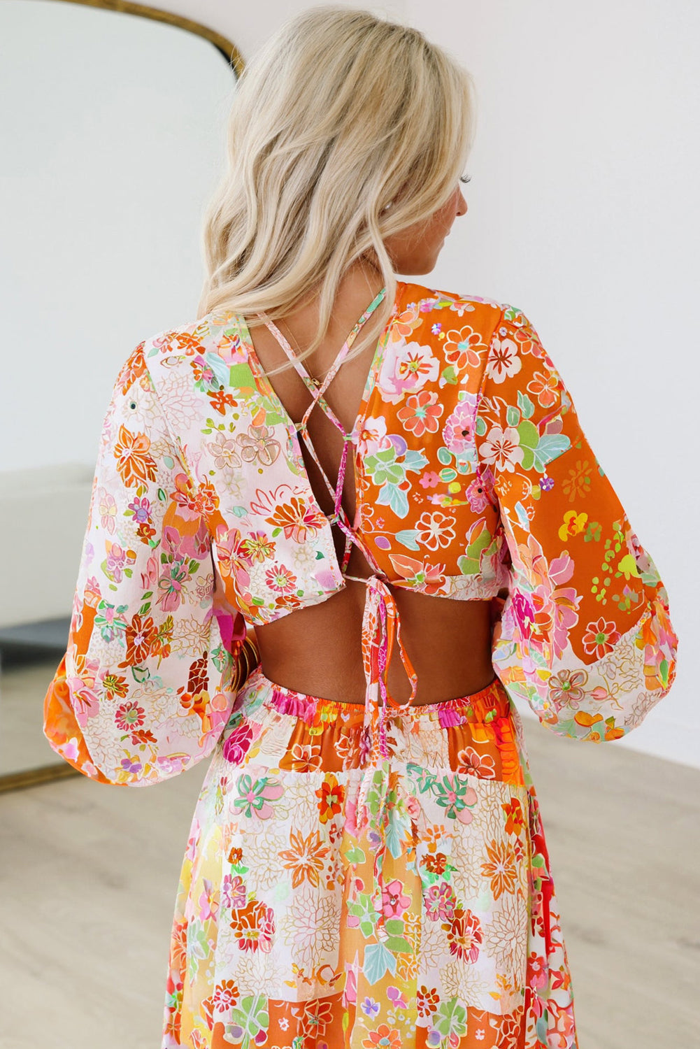 Orange Floral Patchwork Print Cut out Tied Back Bracelet Sleeve Maxi Dress-Bracelet-[Adult]-[Female]-2022 Online Blue Zone Planet
